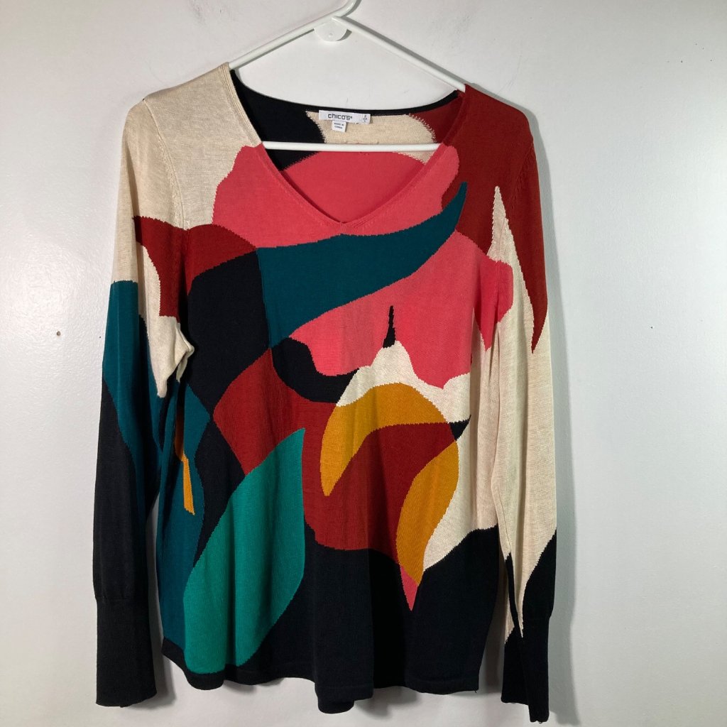 Womens Chicos V Neck Art To Wear Sweater Multicolored L Long Sleeve Cotton Lyoce